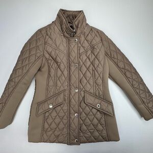 London Fog Jacket Womens Small Taupe Quilted Zip Snap Hooded Stretch Puffer